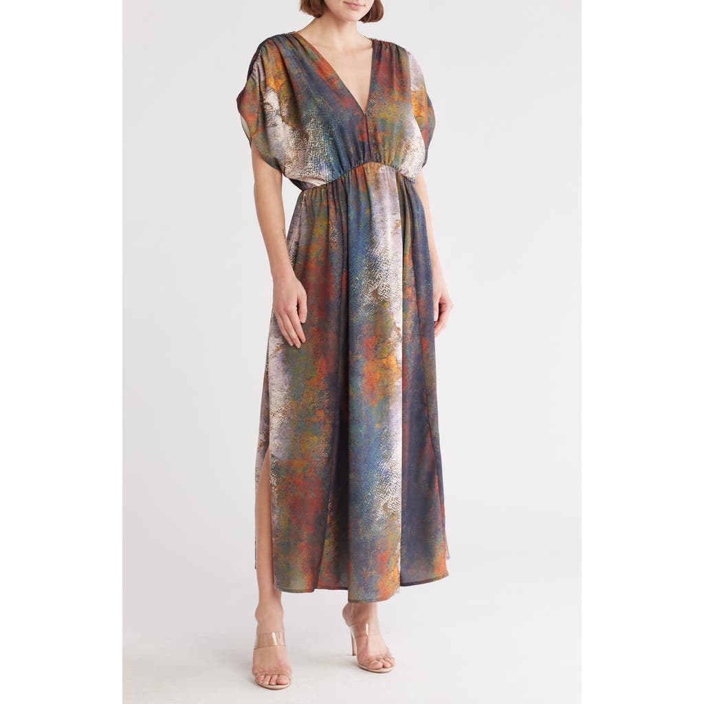 Wishlist Puff Sleeve Drop Waist Side Slit Maxi Dress In Blue Multi