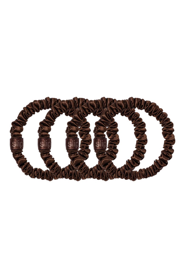 Pure Silk 4-Pack Skinny Scrunchies: Back to Basics Collection, Main, color, DARK BROWN