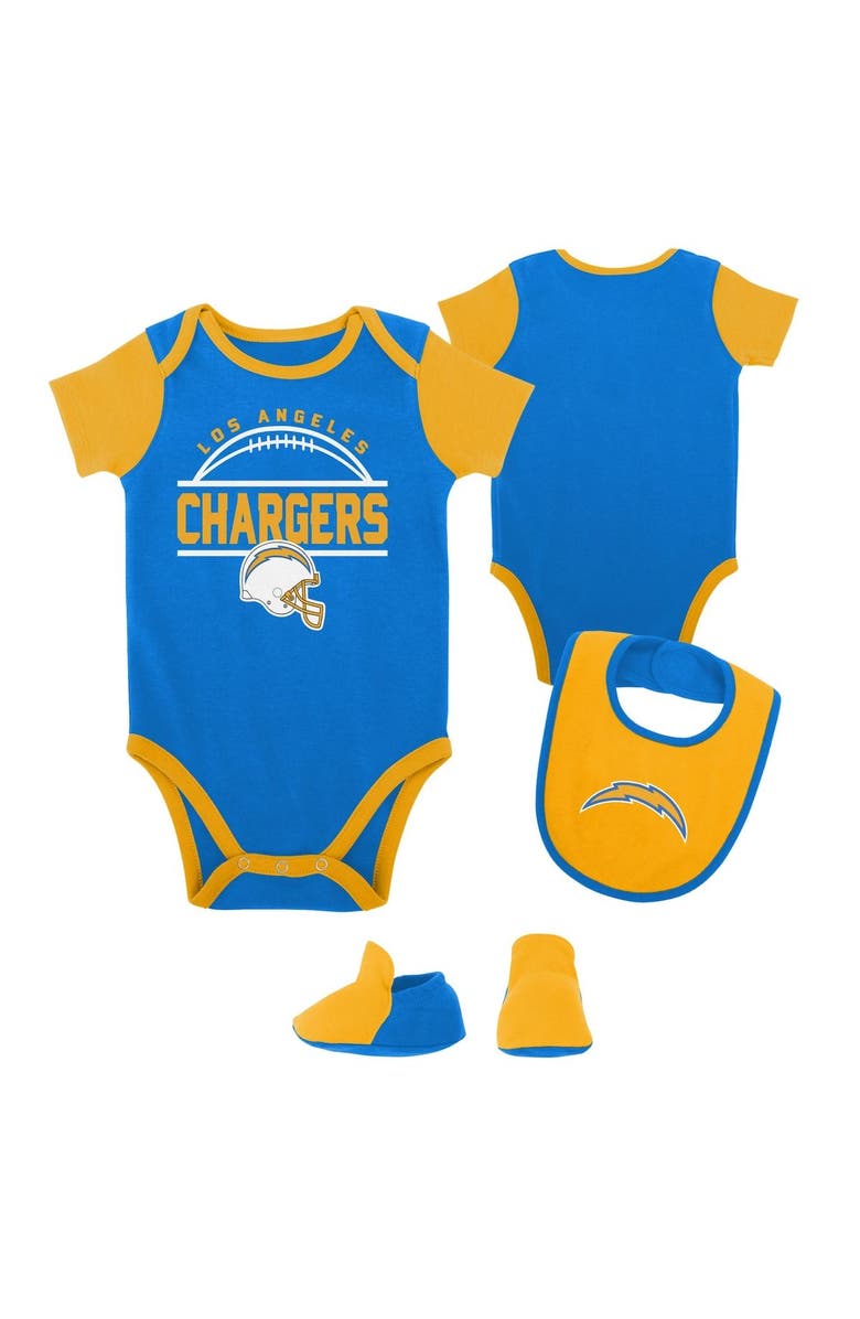 Outerstuff Newborn & Infant Powder Blue/Gold Los Angeles Chargers Home Field Advantage Three-Piece Bodysuit, Bib & Booties Set, Main, color, Powder Blue