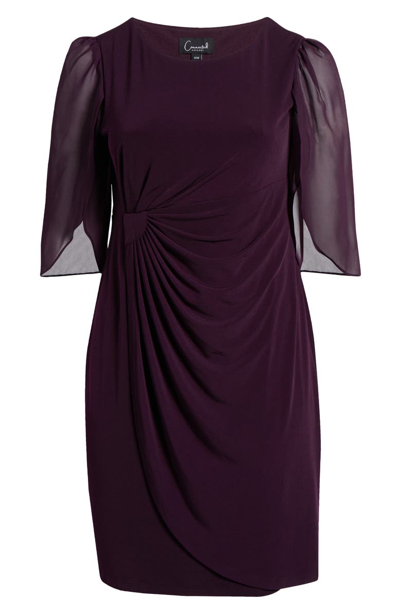 Connected Apparel Chiffon Sleeve Faux Wrap Dress, Alternate, color, Aubergine