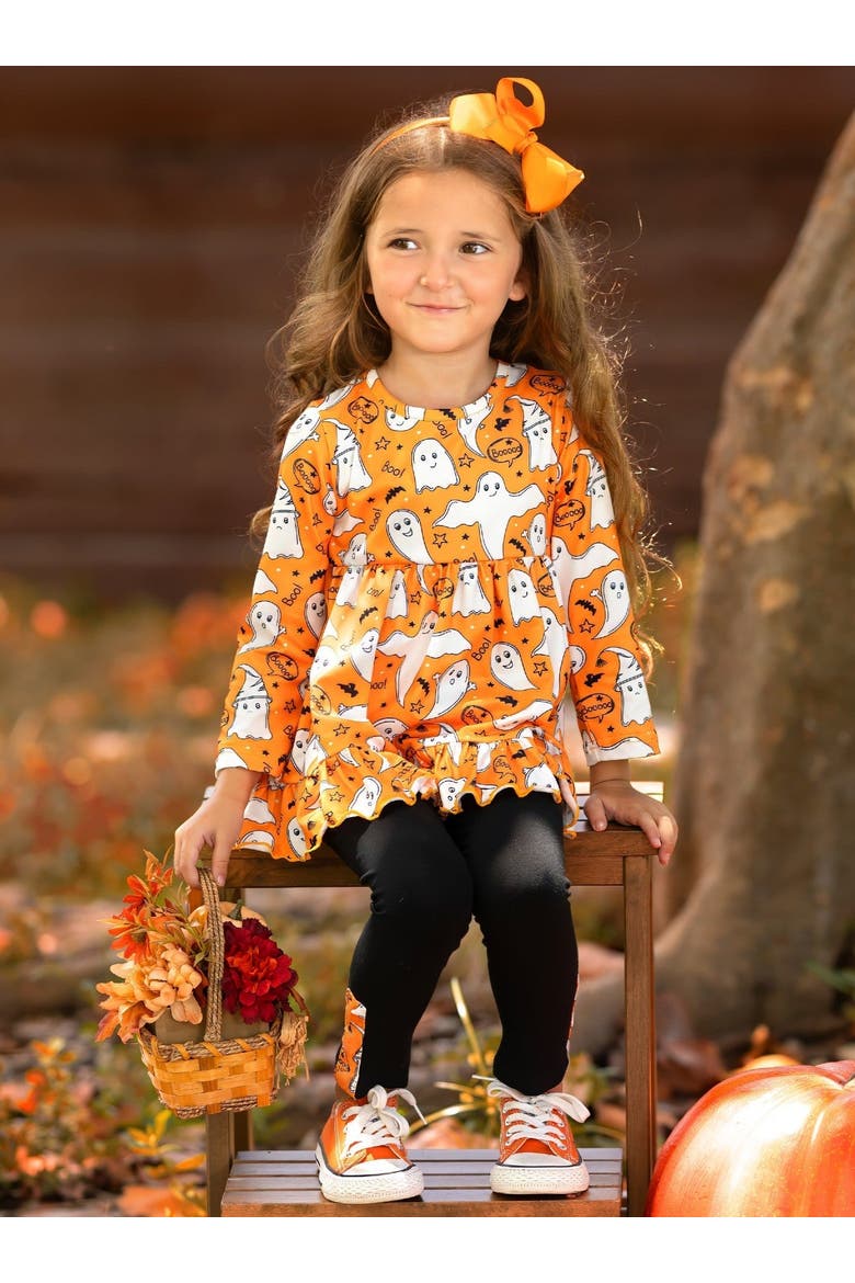 Fun-tastic Flying Ghosts Halloween Legging Set, Alternate, color, Orange