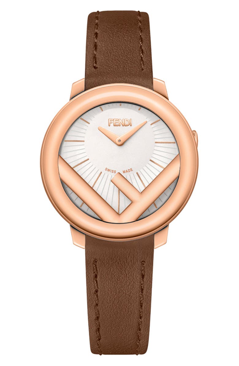 Fendi Run Away Leather Strap Watch, 28mm, Main, color, 