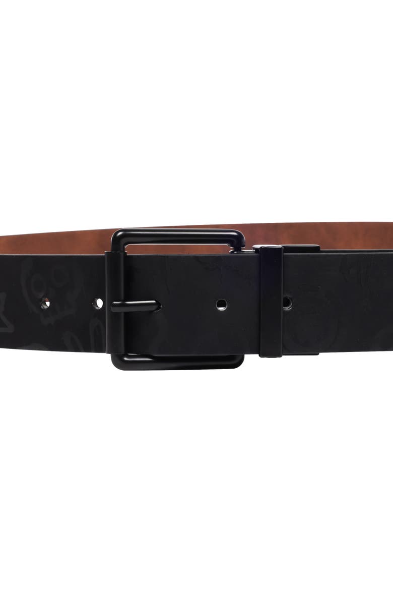 Distressed PU Reversible Belt with Allover Print, Alternate, color, BLACK