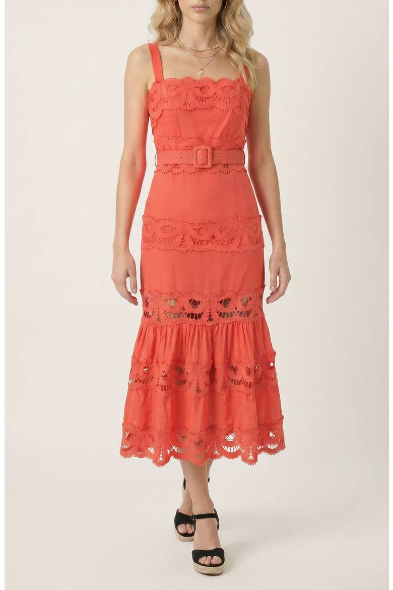 Belted Lace Inset Midi Dress with Square Neck and Tiered Skirt, Alternate, color, Red