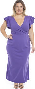 24seven Comfort Apparel Plus Size Solid V-Neck Tulip Hem Ruffle Sleeve Faux Wrap Maxi Dress