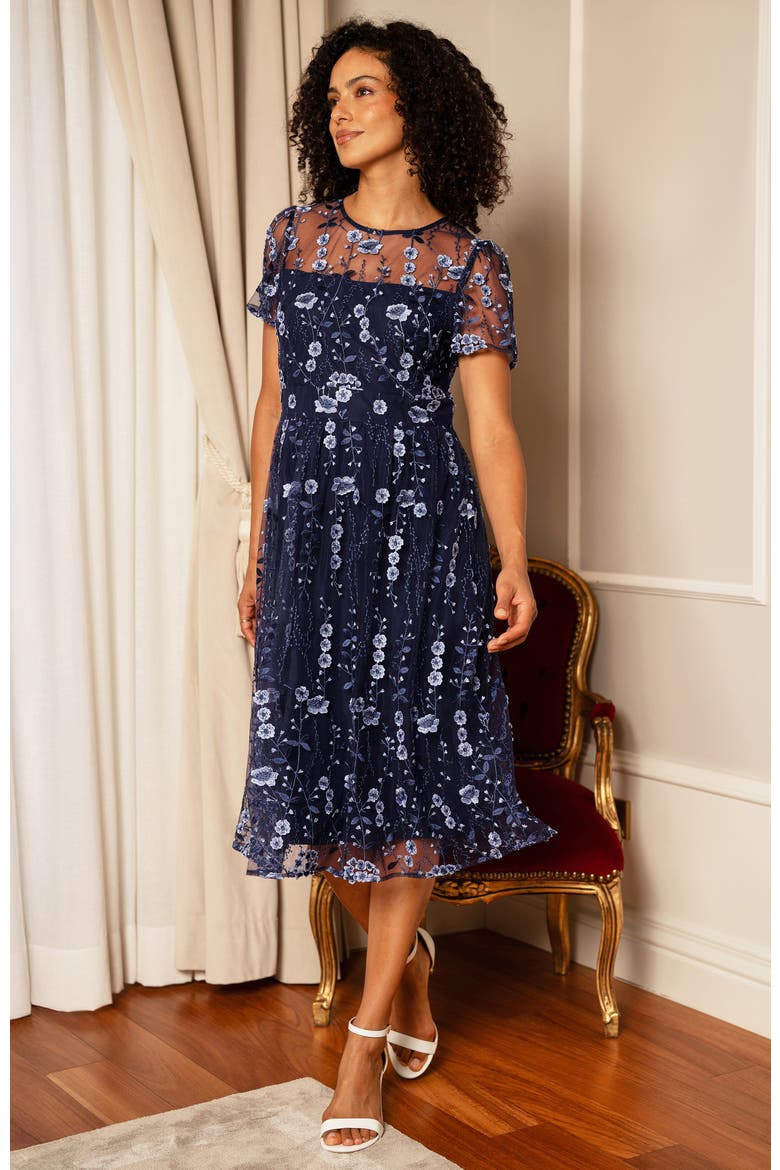 Embroidered Mesh Midi Dress, Alternate, color, Navy