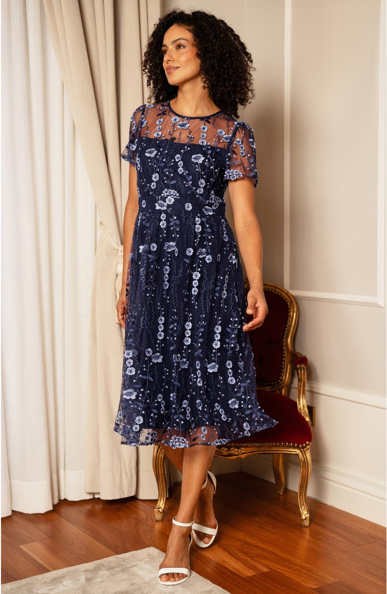 Yumi Embroidered Mesh Midi Dress, Alternate, color, Navy