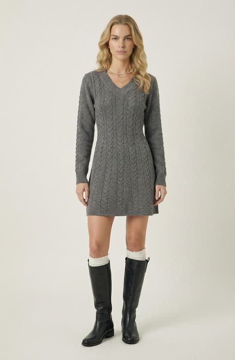 Cable Knit V-Neck Sweater Dress