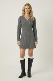 Modenaire Cable Knit V-Neck Sweater Dress
