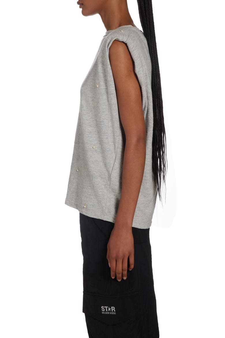 Imitation Pearl Embellished Cotton Shoulder Pad Tank, Alternate, color, MELANGE GREY/ HERITAGE WHITE