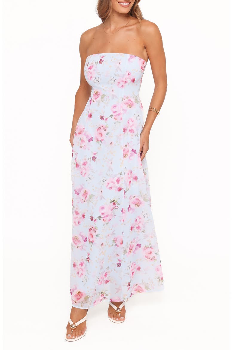 Vegas Print Strapless Maxi Dress, Main, color, BLUE FLORAL