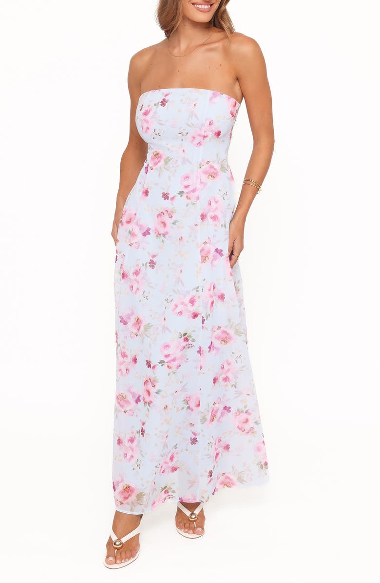 Petal & Pup Vegas Print Strapless Maxi Dress, Main, color, Blue Floral