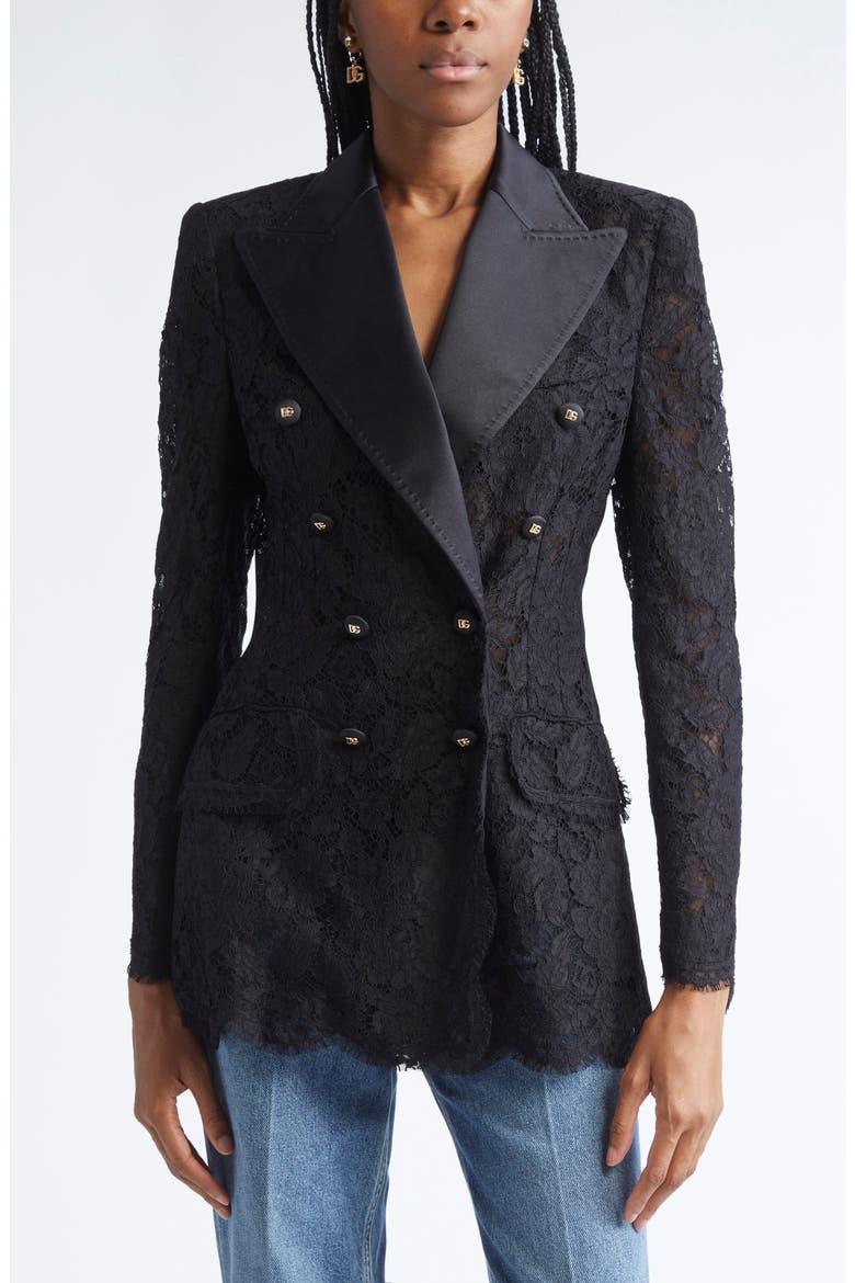 Double Breasted Floral Lace Jacket, Main, color, N0000 NERO