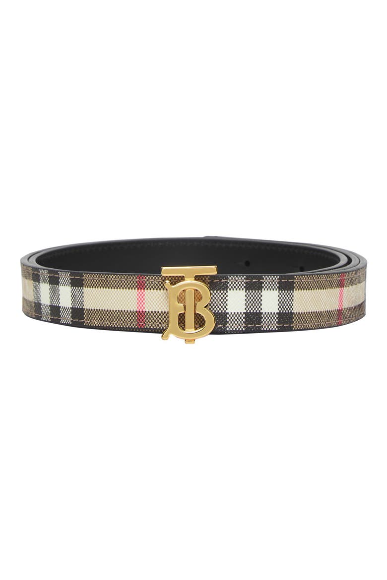 TB 20 Reversible Check & Leather Belt, Main, color, BEIGE/ BLACK/ GOLD