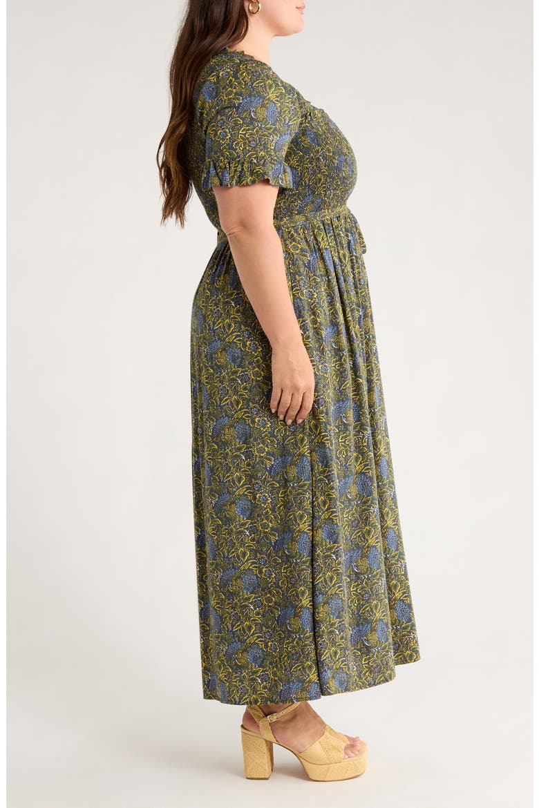 Smocked Ruffle Maxi Dress, Alternate, color, NAVY- YELLOW JASMINE BOHO
