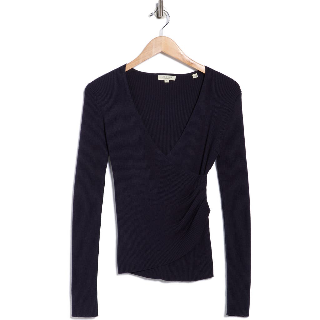 Max Studio Faux Wrap Knit Sweater In Black