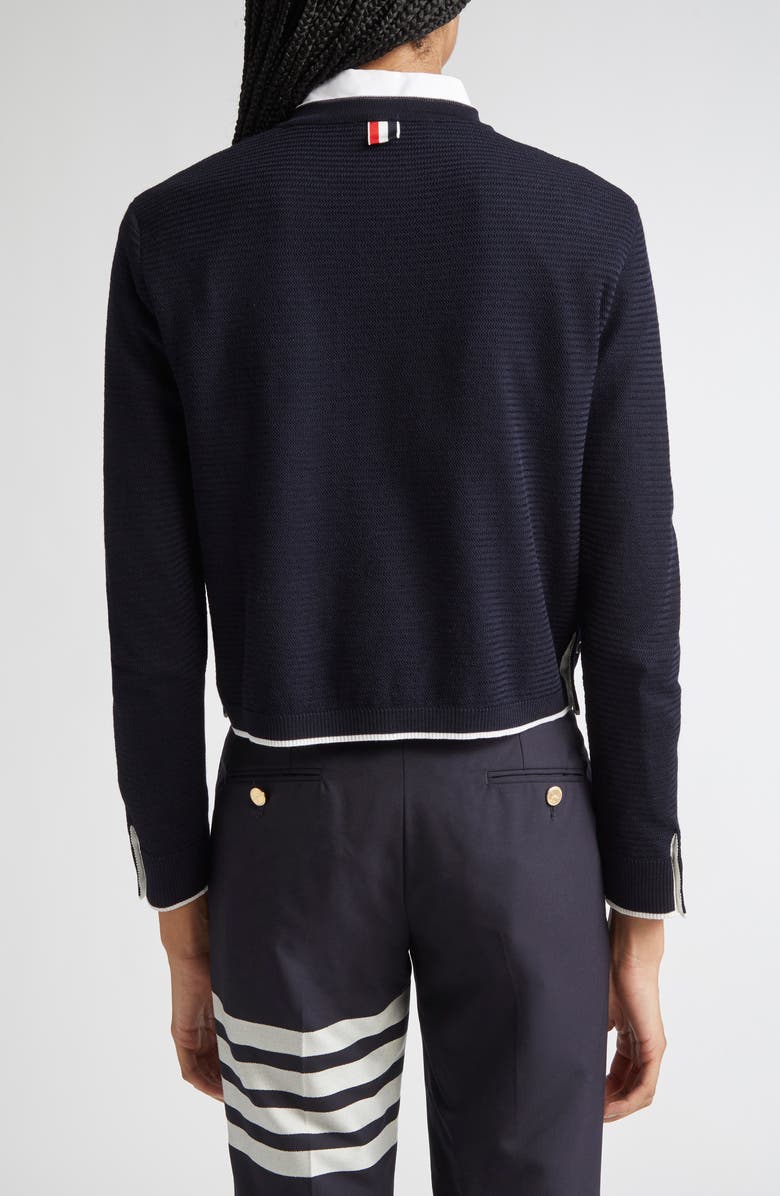 Thom Browne Textured Stitch Virgin Wool Crewneck Cardigan, Alternate, color, Navy