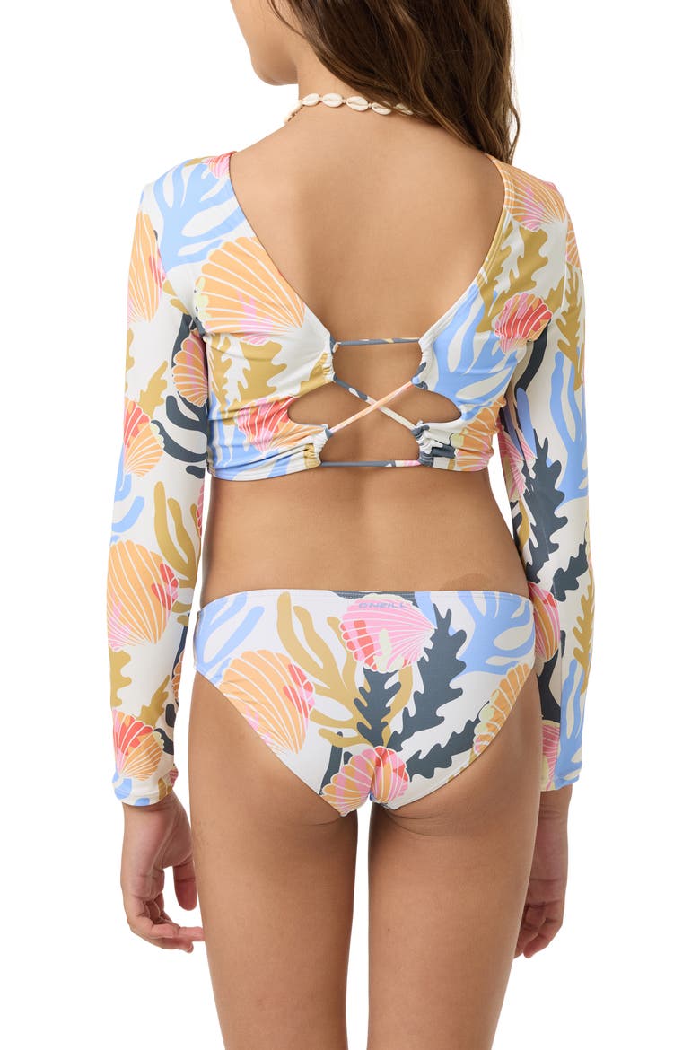 Kids' Cora Geo Long Sleeve Crop Two-Piece Rashguard Swimsuit, Alternate, color, OFF WHITE MULTI COLORED