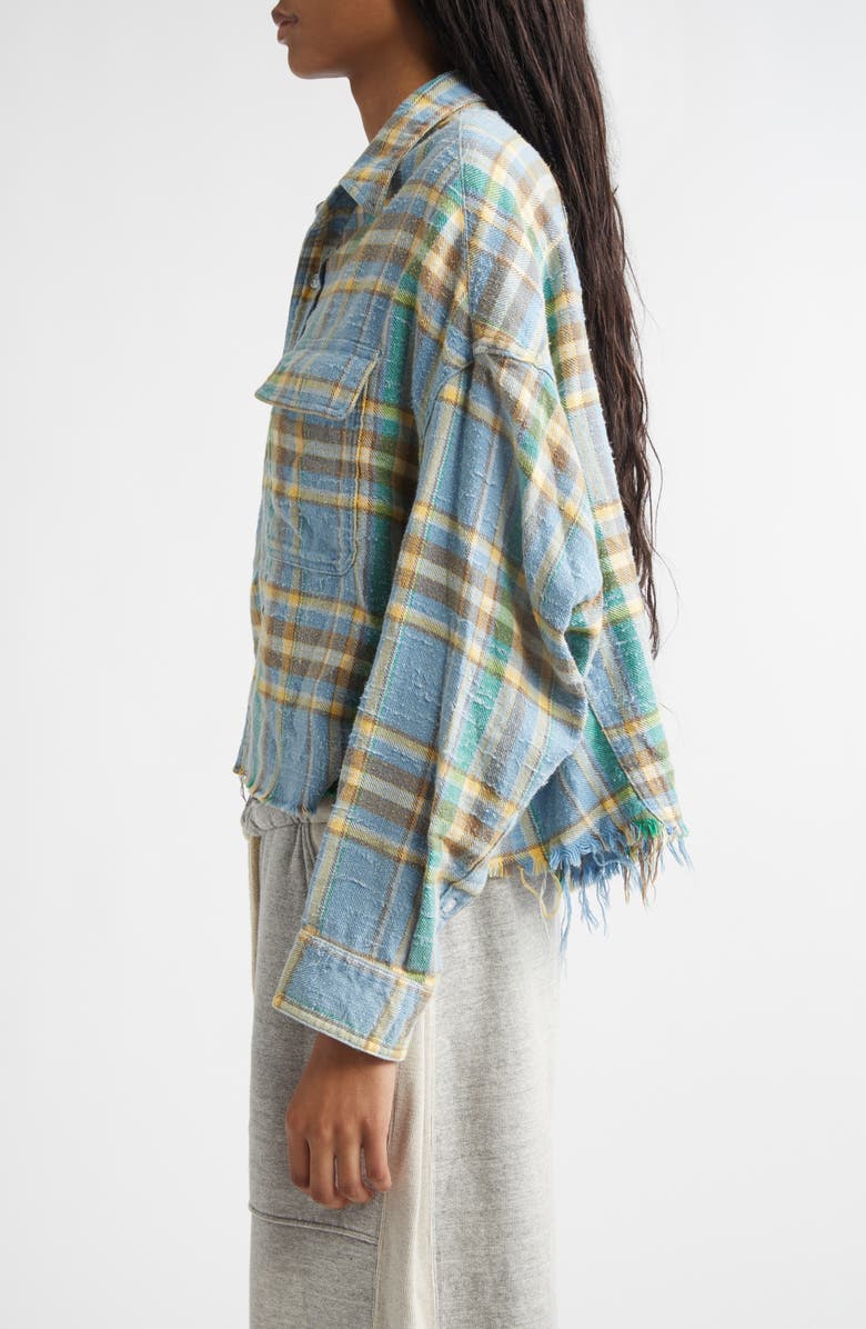 R13 Plaid Fray Hem Crop Button-Up Work Shirt, Alternate, color, Light Blue Plaid