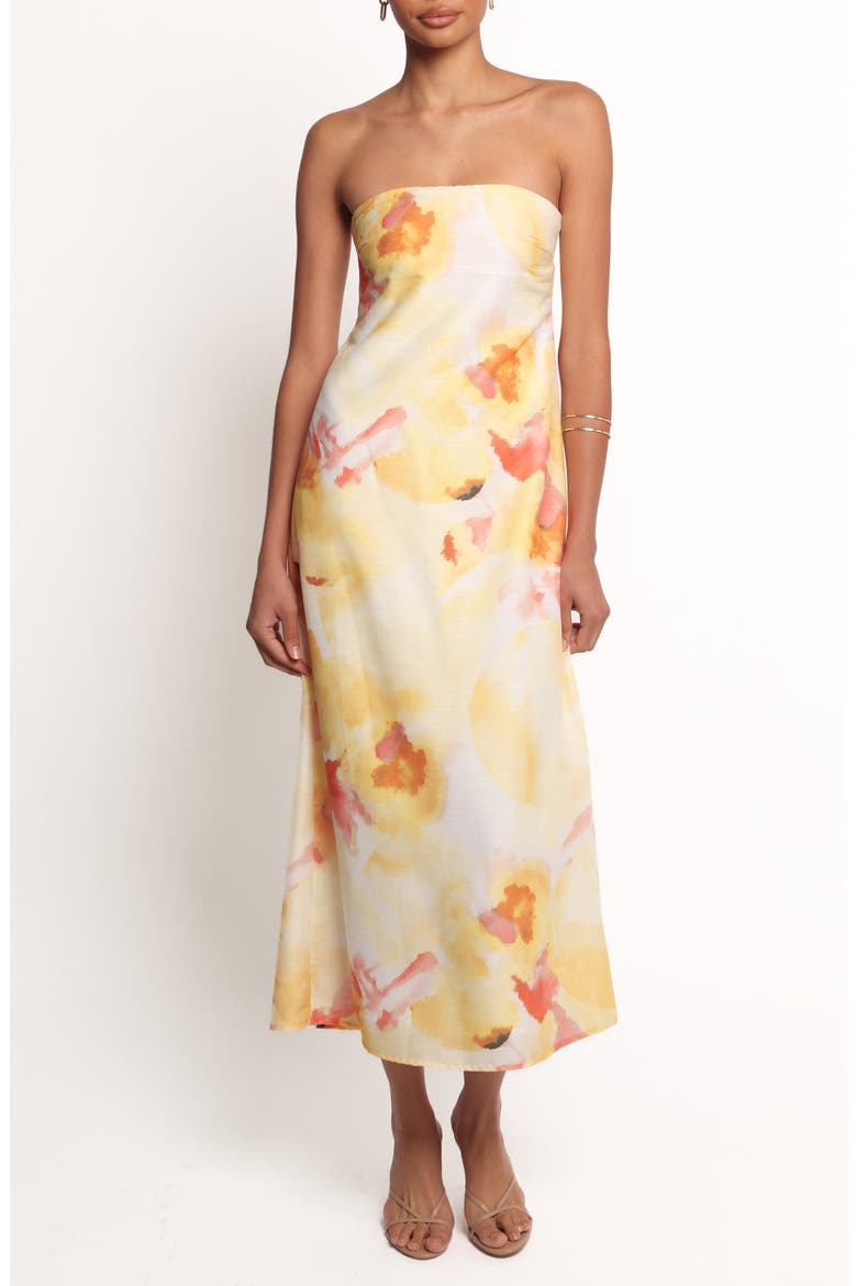 Hydra Strapless Satin Midi Dress, Main, color, YELLOW FLORAL