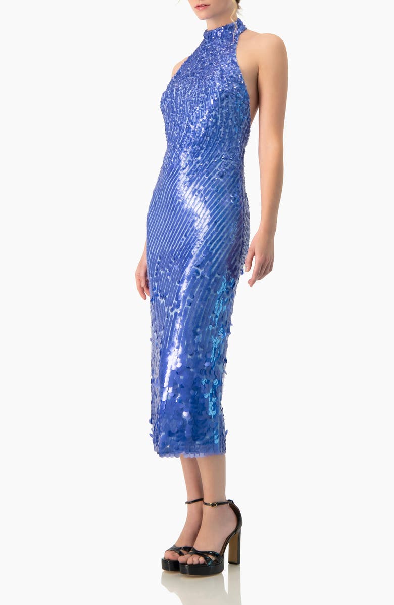 IVONNE Halter Paillette Sequin Midi Dress With Open-Back, Alternate, color, Blue