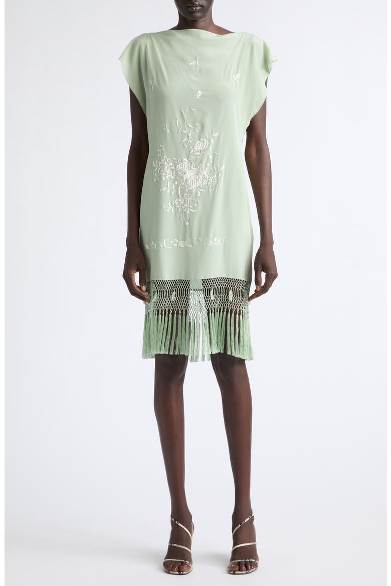 Piano Shawl Floral Embroidered Fringe Silk Minidress, Main, color, GREEN