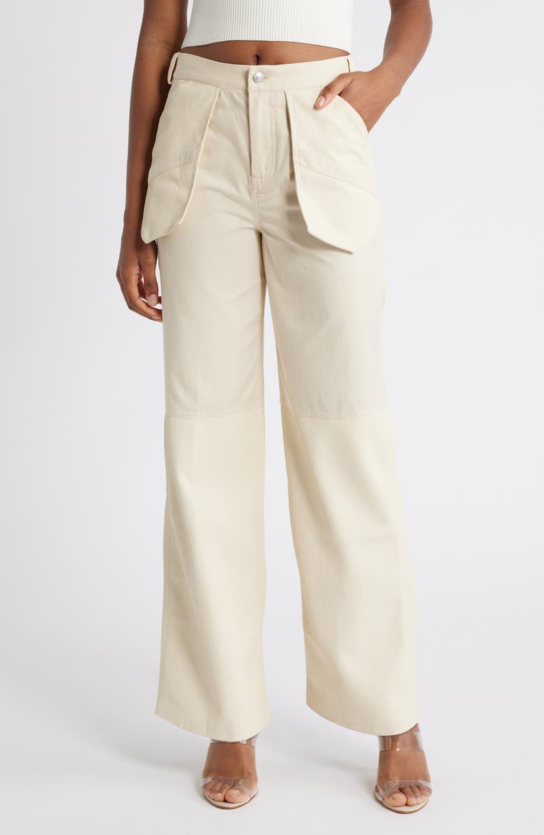 Mistress Rocks Faux Leather & Twill Paneled Pants, Main, color, Cream