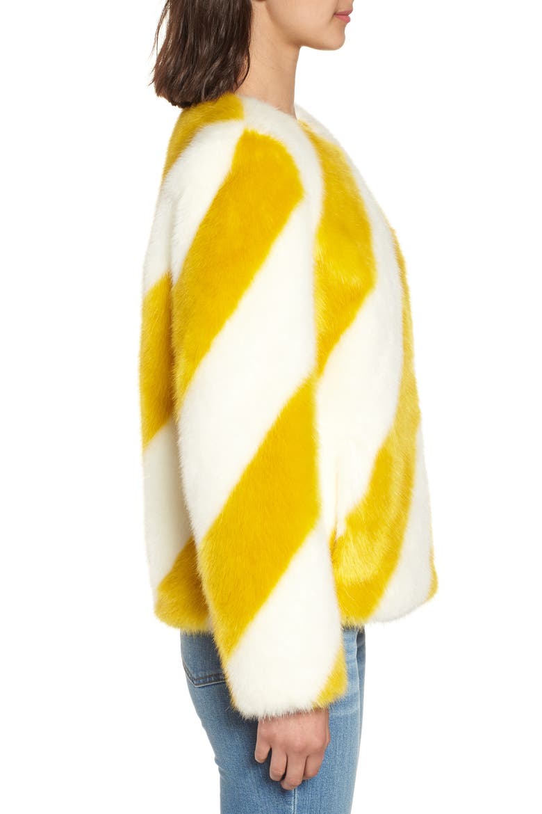 Collarless Chubby Faux Fur Jacket, Alternate, color, IVORY/ MARIGOLD STRIPE