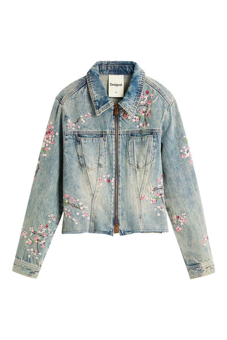 Embroidered Denim Trucker Jacket, Alternate, color, BLUE