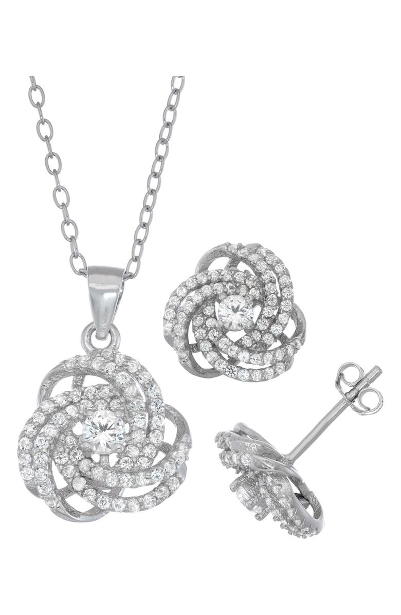 FZN Lab Created White Sapphire Knot Pendant Necklace & Stud Earrings Set, Main, color, 