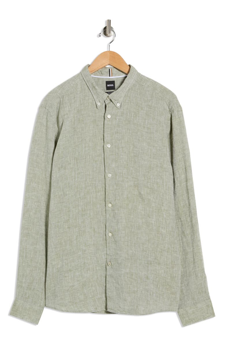 BOSS Liam Linen Dress Shirt, Main, color, Medium Green