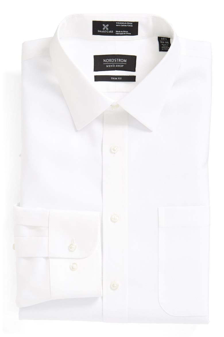Nordstrom Smartcare™ Wrinkle Free Trim Fit Herringbone Dress Shirt, Main, color, WHITE