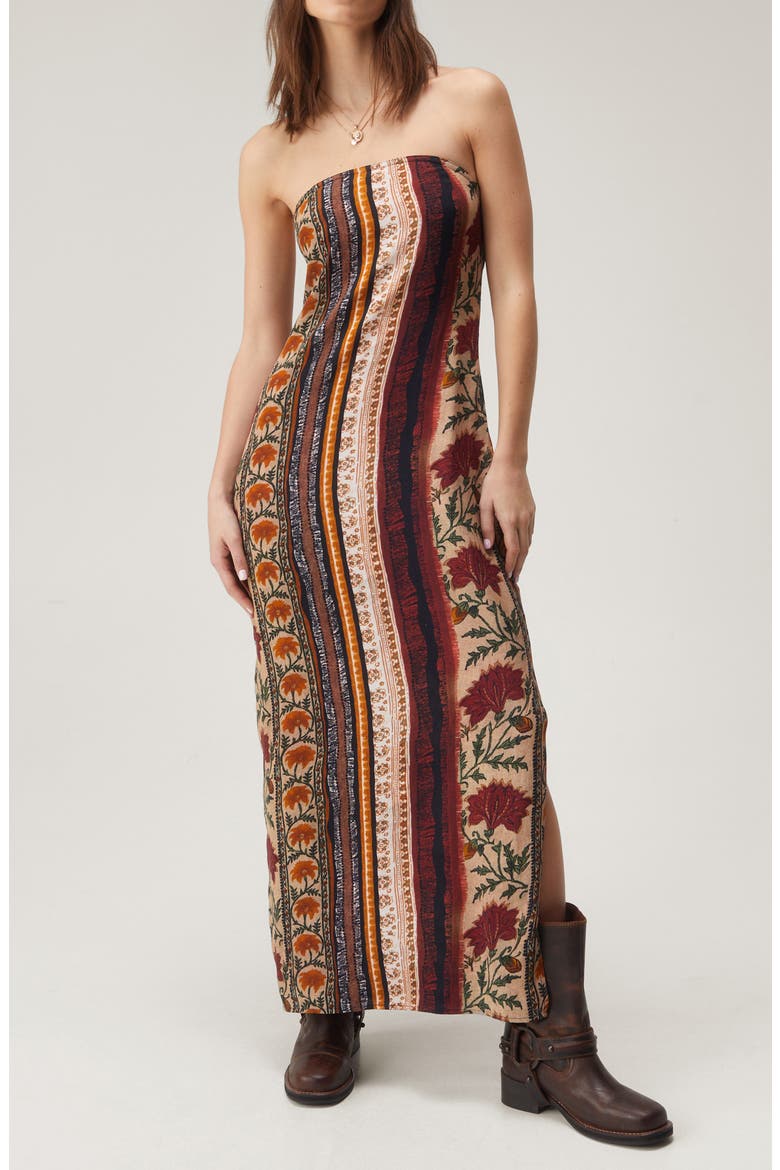 Mixed Stripe Strapless Tie Back Maxi Dress, Main, color, BROWN MULTI