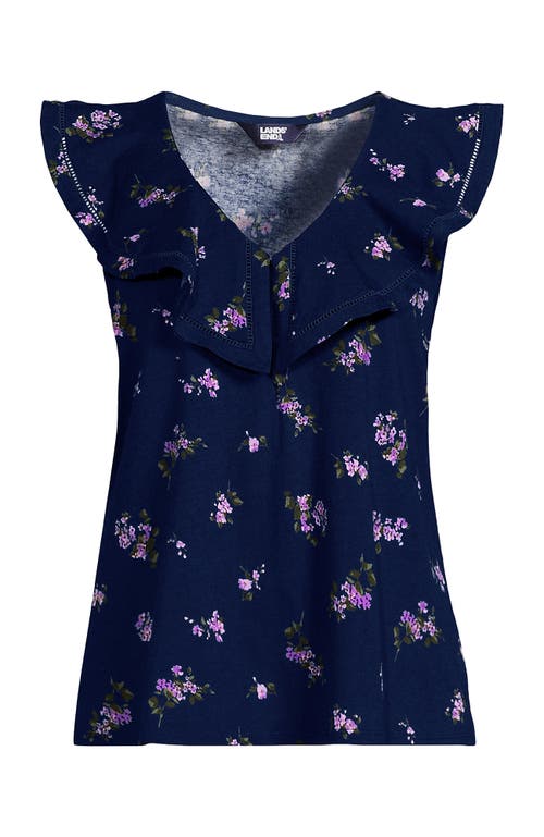 Shop Lands' End V Neck Cascade Ruffle Top In Deep Sea Navy Bouquet