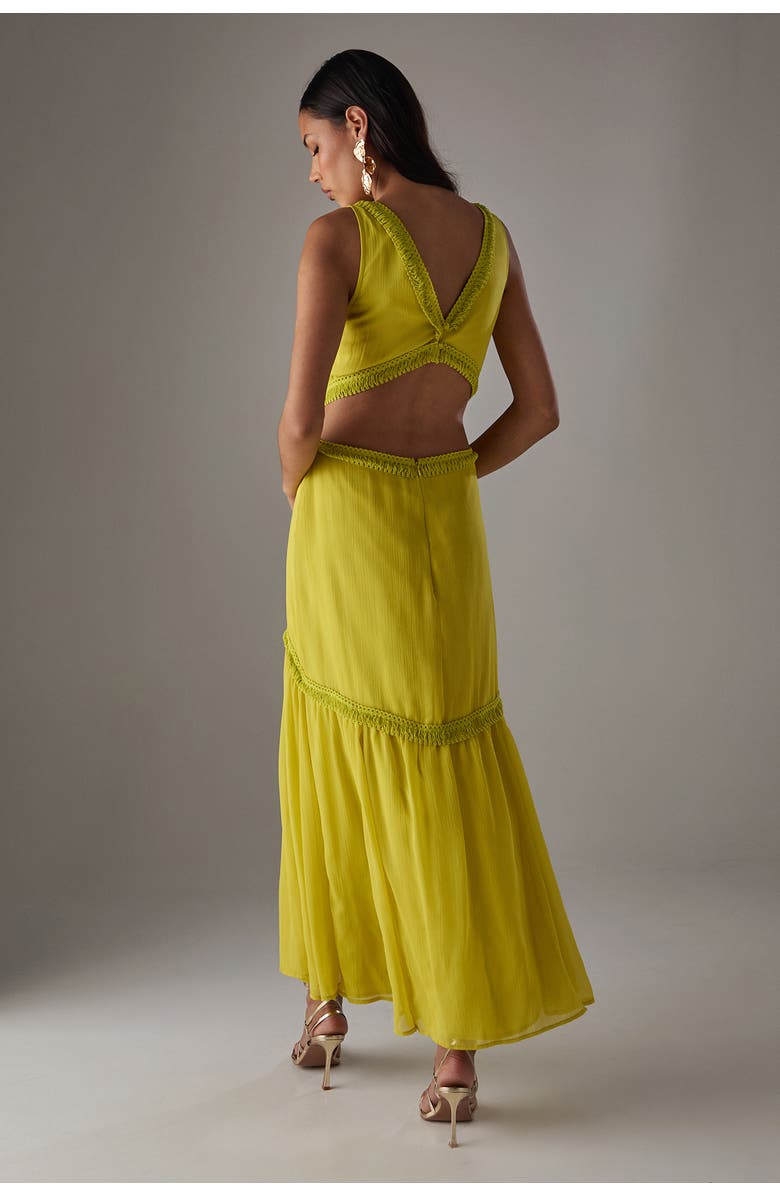 Warehouse Chiffon Fringe Trim Cut Out Maxi Dress, Alternate, color, Chartreuse