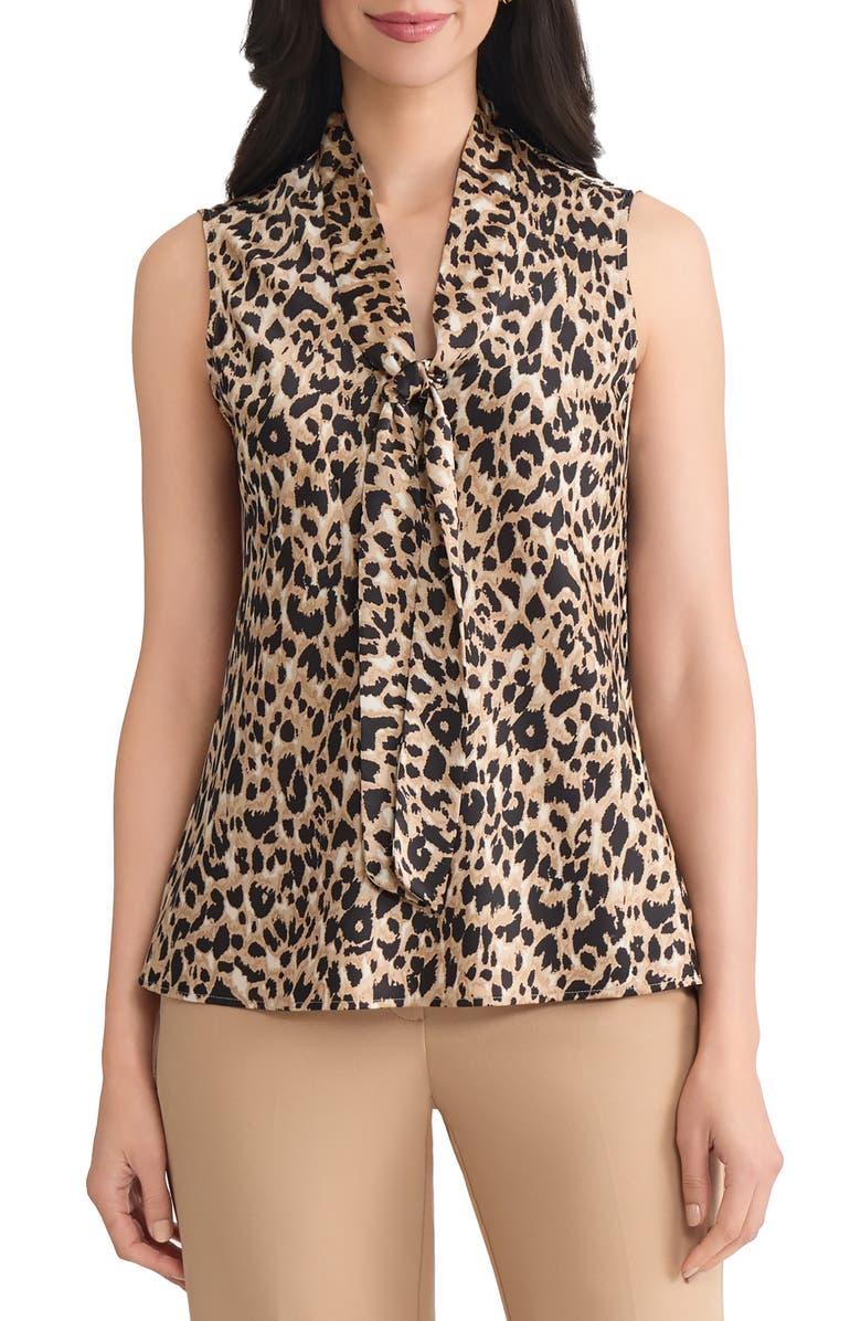 KASPER Sylvia Leopard Print Sleeveless Satin Top, Main, color, Soft Sand Multi