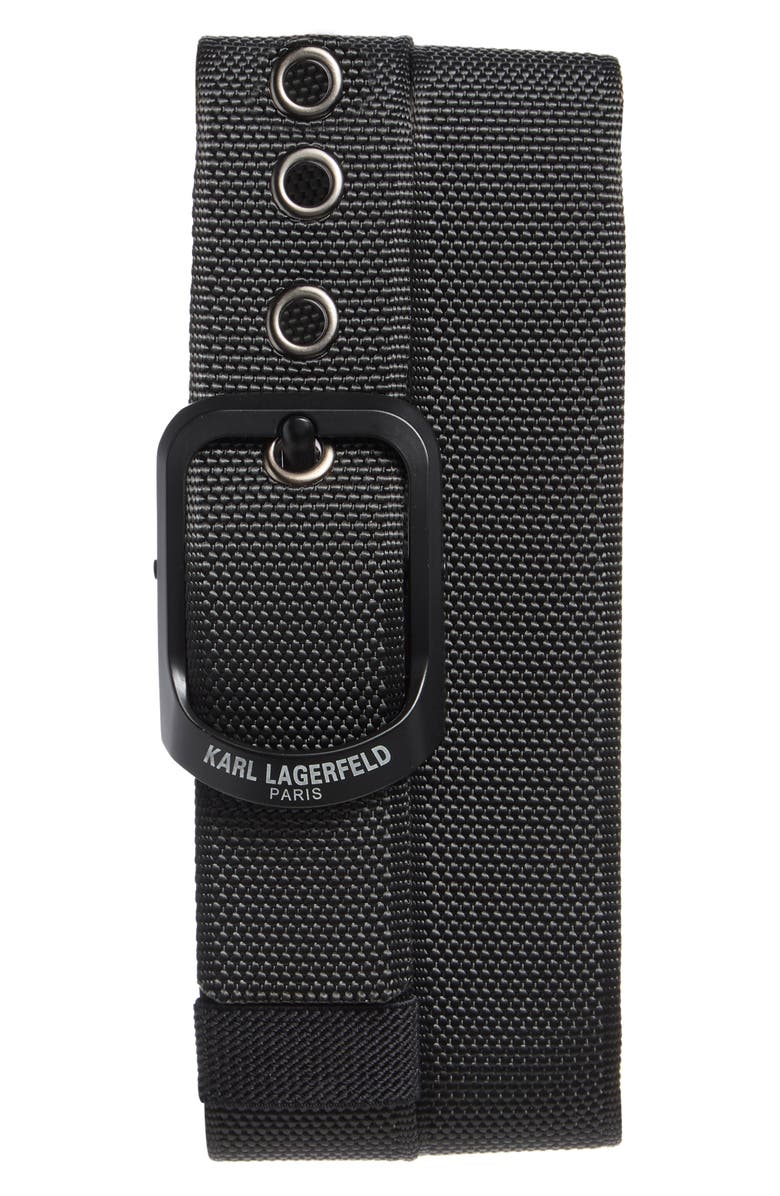 KARL LAGERFELD PARIS Webbed Buckle Belt, Main, color, Black/ Grey