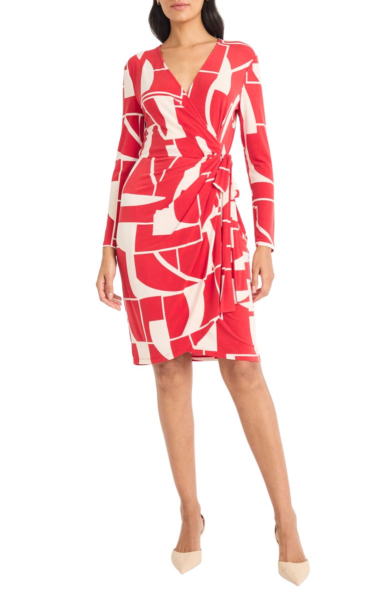 Maggy London Geometric Print Long Sleeve Wrap Dress, Main, color, Red/ Ivory