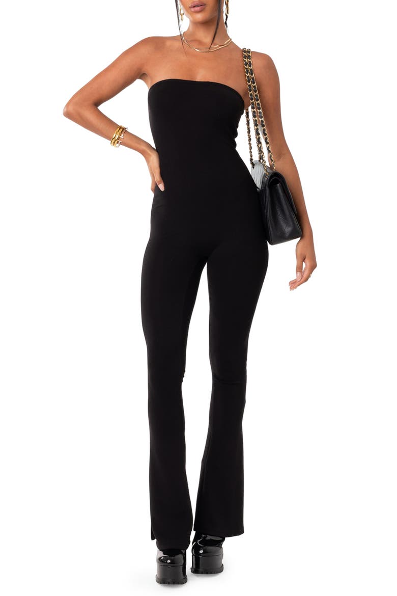Melina Side Slit Strapless Flare Jumpsuit, Main, color, BLACK