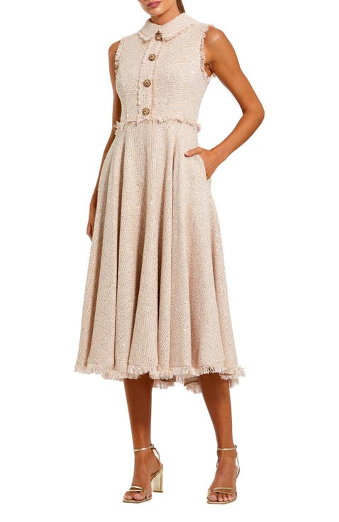 Bouclé Sleeveless Collared Button Up Midi Dress