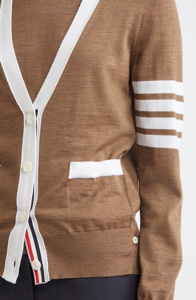 Thom Browne 4-Bar Relaxed Fit V-Neck Virgin Wool Cardigan, Alternate, color, Walnut