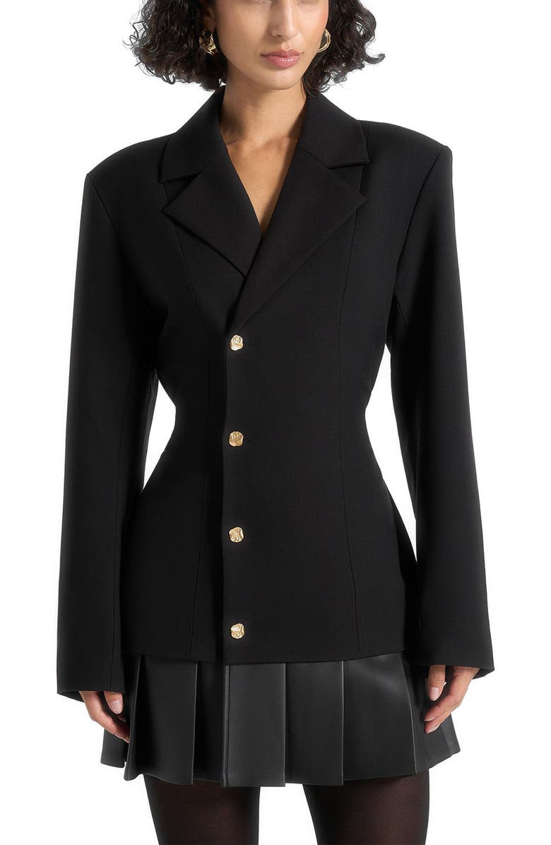 Manière De Voir Nicole Tailored Cinch Blazer Dress with Pleats, Main, color, Black