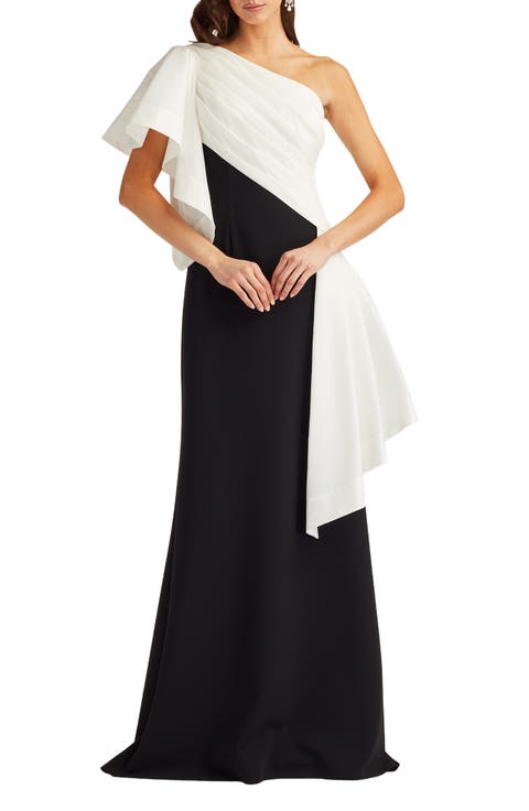 Draped One-Shoulder Mixed Media Gown