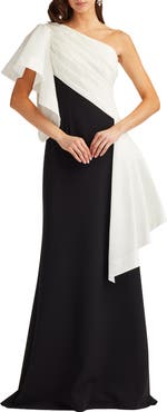 Tadashi Shoji Draped One-Shoulder Mixed Media Gown