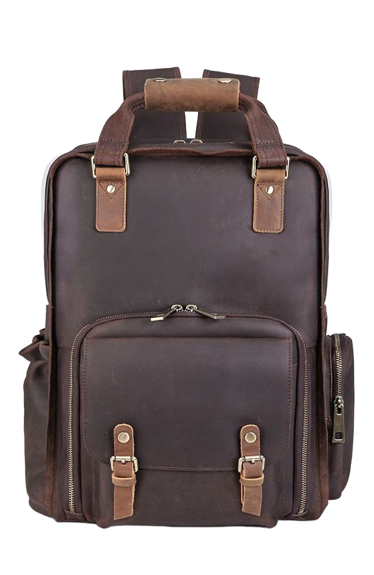 STEEL HORSE LEATHER The Gaetano | Large Leather Backpack Camera Bag with Tripod Holder, Main, color, Dark Brown