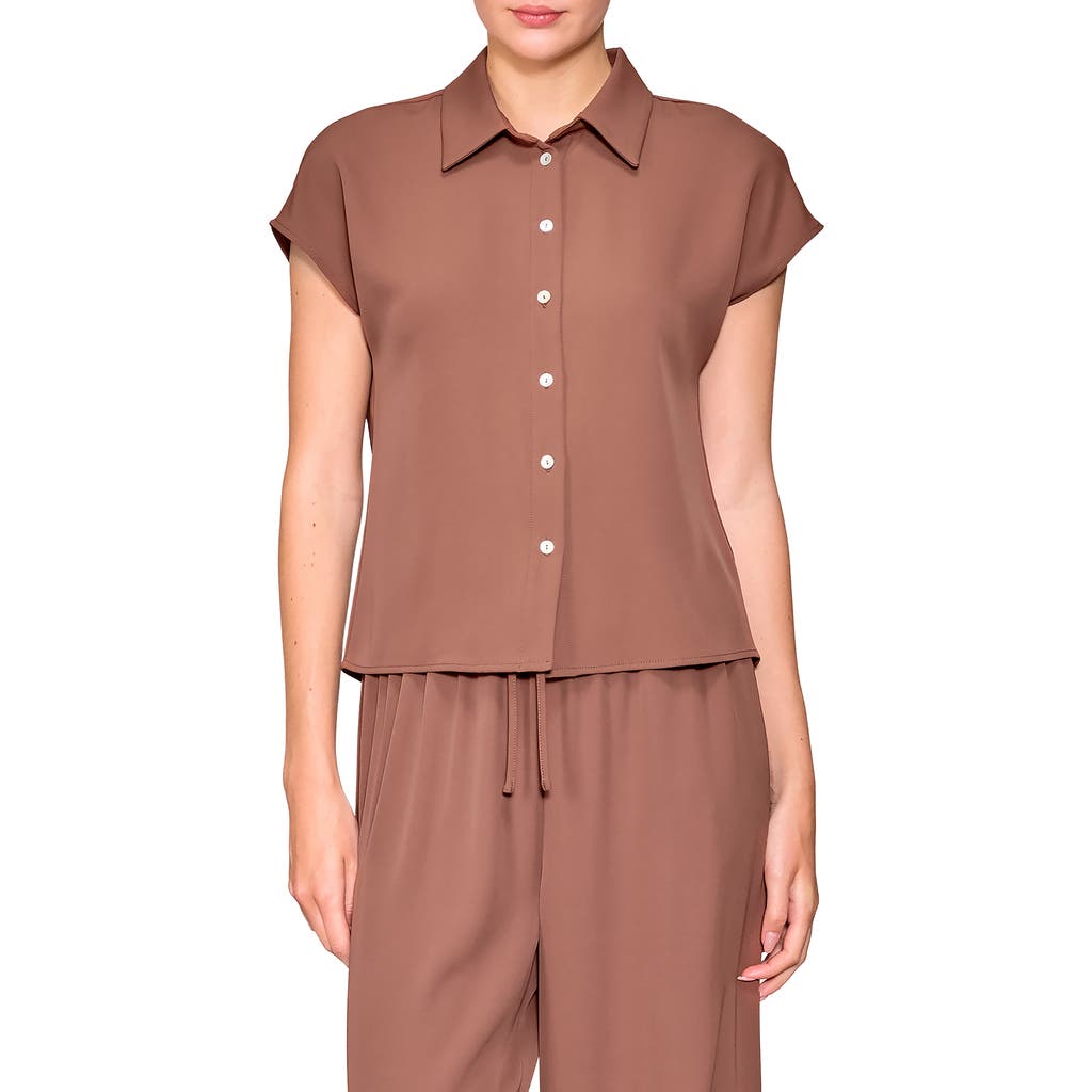 Melloday Cap Sleeve Button-up Shirt In Brown