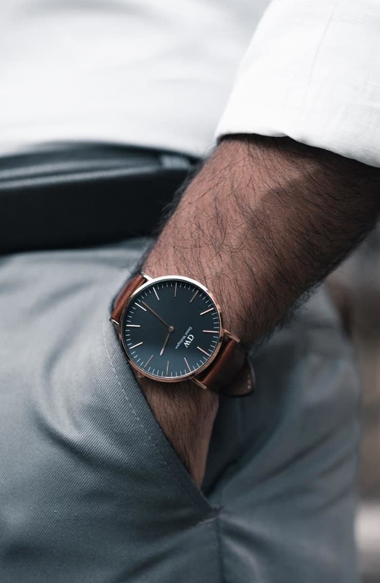 Daniel Wellington Classic St. Mawes Leather Strap Watch, 40mm, Alternate, color, Rose Gold/ Black