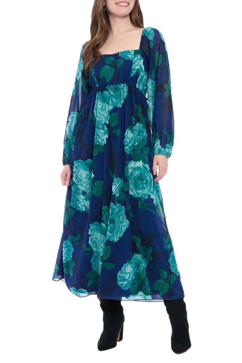 Bishop Sleeve Smocked Back Maxi Dress, Main, color, BLUE/ TEAL