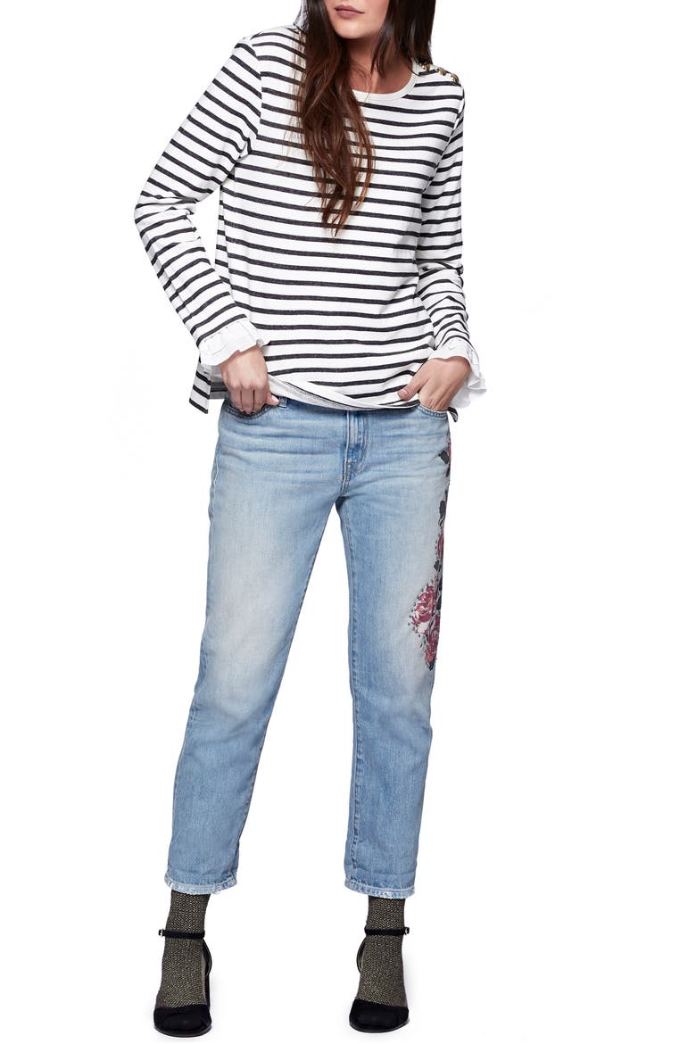 Ruffle Cuff Stripe Knit Top, Alternate, color, BLACK/ MILK
