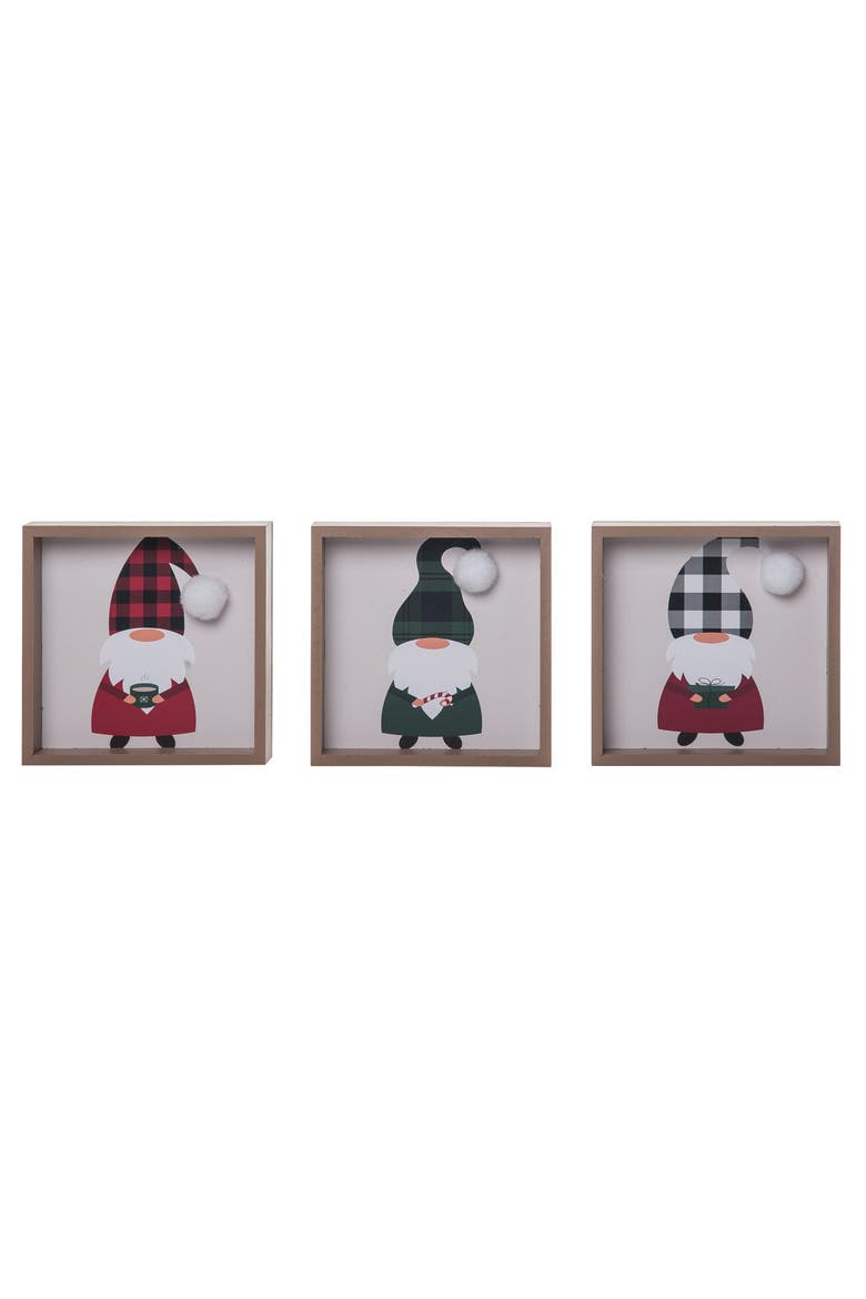 Wood Multicolored Christmas Plaid Holiday Gnome Block Set 3, Main, color, Multicolored